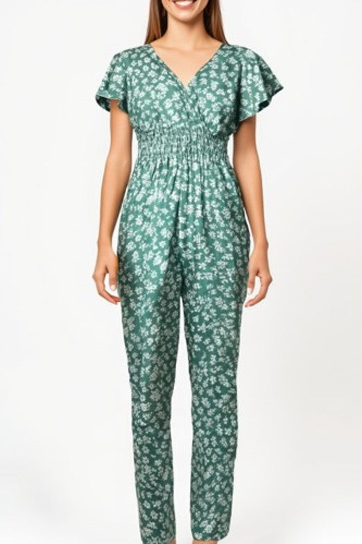 Women's floral print jumpsuit in green with short sleeves and shirred waist